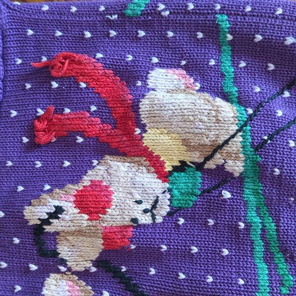 Vtg Hand Knit Ski bunnies Chunky Purple Cotton Novelty Cardigan Sweater Sz M - Picture 12 of 14